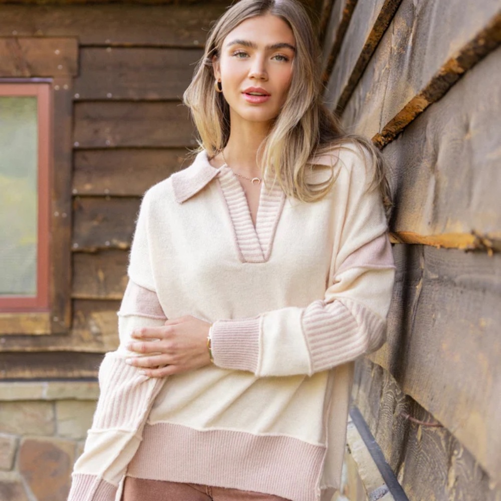 Pink Lily V-Neck Sweater in Cream and Pink